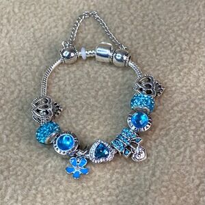 Charm Bracelet Women Blue Heart Flower Crystal Love Forever‎ Snake Chain 7in EUC